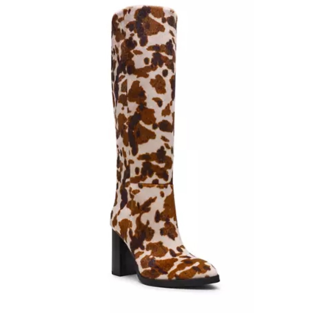 DV Dolce Vita Bardonny A Cow Print Knee High Block Heel Boots Brown White 7.5